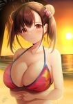  1girl azuma_yuki bare_arms bare_shoulders bikini breasts brown_eyes brown_hair candy_hair_ornament candy_wrapper collarbone commentary_request double_bun food-themed_hair_ornament hair_ornament highres horizon idolmaster idolmaster_shiny_colors large_breasts ocean palm_tree print_bikini red_bikini signature solo sonoda_chiyoko star_(symbol) star_print sun sunset swimsuit tree twintails upper_body water wet 