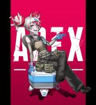  1girl absurdres apex_legends artpatient backpack bag bangs beige_tank_top black_pants blue_gloves colored_skin cosplay crossed_legs d.o.c._health_drone detached_sleeves gloves green_belt green_eyes grey_hair grey_skin headband heterochromia highres hololive hololive_indonesia kureiji_ollie lifeline_(apex_legends) lifeline_(apex_legends)_(cosplay) logo looking_to_the_side multicolored_hair open_mouth pants redhead sitting smile solo stitched_face two-tone_hair v virtual_youtuber white_headband yellow_eyes zombie 