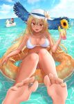  absurdres barefoot bikini blush breasts cocktail dark_skin feet flower green_nails hat hat_flower highres hololive kaigan large_breasts looking_at_viewer navel open_mouth orange_eyes outdoors pointy_ears shiranui_flare sitting straw_hat sunflower swimsuit virtual_youtuber wet 