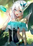  1girl :d antenna_hair bangs bare_shoulders blue_eyes braid food forest hair_between_eyes hair_ornament highres holding holding_food honkai_(series) honkai_impact_3rd kiana_kaslana kiana_kaslana_(divine_prayer) long_hair looking_at_viewer nature one-piece_swimsuit open_mouth popsicle skysuy_(2267420264) smile solo swimsuit tree twin_braids white_hair 
