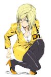  1girl ashiomi_masato black_legwear blonde_hair breasts closed_mouth guilty_gear guilty_gear_xrd high_heels long_hair looking_at_viewer millia_rage pantyhose signature simple_background skirt solo white_background 