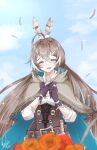  1girl bangs brown_hair cloak clouds eyebrows_visible_through_hair feather_hair_ornament feathers flower gloves hair_ornament hairclip highres hololive hololive_english long_hair multicolored_hair nanashi_mumei open_mouth ponytail sky smile solo streaked_hair virtual_youtuber zikryzero 