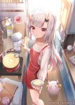  1girl apron bangs blunt_bangs blurry commentary_request depth_of_field eyebrows_visible_through_hair from_above heart holding holding_ladle hololive horns kananote kitchen ladle long_hair long_sleeves looking_at_viewer looking_up multicolored_hair nakiri_ayame oni_horns plate pot poyoyo_(nakiri_ayame) red_eyes shirt sidelocks silver_hair smile spoken_heart streaked_hair sunlight two-tone_hair virtual_youtuber white_shirt wooden_floor 