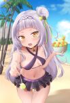  absurdres beach blush choker food highres hololive kaigan long_hair looking_at_viewer multicolored multicolored_eyes murasaki_shion navel ocean open_mouth outdoors palm_tree side_bun standing swimsuit tree virtual_youtuber 