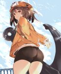  1girl anchor arms_behind_back ass bike_shorts bird clouds from_behind from_below guilty_gear guilty_gear_xx highres jacket looking_at_viewer looking_back may_(guilty_gear) orange_jacket outdoors seagull skull_and_crossbones sky smile solo venomrobo 