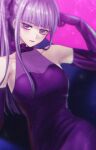  1girl arm_up bangs bare_shoulders blunt_bangs bow breasts closed_mouth collarbone covered_collarbone cowboy_shot dangan_ronpa:_trigger_happy_havoc dangan_ronpa_(series) dangan_ronpa_10th_anniversary_costume dress elbow_gloves gloves hand_up kirigiri_kyouko large_breasts long_hair looking_at_viewer official_alternate_costume pink_background ponytail porary purple_bow purple_dress purple_hair shiny shiny_hair sleeveless smile solo strapless strapless_dress upper_body violet_eyes 