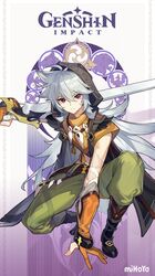  1boy ahoge belt boots fingerless_gloves genshin_impact gloves grey_hair highres hood jewelry long_hair necklace official_art razor_(genshin_impact) red_eyes scar solo sword weapon 