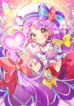  1girl bangs bow brown_eyes coral cure_coral dress facial_mark fingerless_gloves fingers_together gloves hair_bow hat hat_bow heart kawanobe long_hair parted_bangs precure purple_dress purple_hair red_bow sailor_hat smile solo suzumura_sango tropical-rouge!_precure very_long_hair white_gloves yellow_bow 