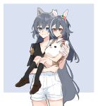  2girls animal_ears bangs bird black_hair black_legwear black_shirt blue_eyes border brown_footwear brown_shorts carrying_person chicken closed_mouth danji_(danji_bang) doll dual_persona fake_animal_ears fu_hua fu_hua_(herrscher_of_sentience) fu_hua_(night_squire) full_body grey_background grin hair_between_eyes headband highres honkai_(series) honkai_impact_3rd long_hair looking_at_viewer multicolored_hair multiple_girls open_mouth overall_shorts overalls rabbit_ears red_eyes shirt shoes shorts simple_background smile streaked_hair stuffed_animal stuffed_toy teeth white_shirt white_shorts wolf_ears younger 