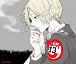  1boy alternate_costume awara_kayu bangs blonde_hair cigarette commentary_request from_side grey_background hand_up holding holding_cigarette hood long_sleeves male_focus nakarai_keijin number pale_skin profile roman_numeral short_hair smoke smoking solo tokyo_ghoul tokyo_ghoul:re upper_body 