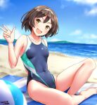  1girl artist_name ball beach beachball blue_sky blue_swimsuit breasts brown_hair clouds cloudy_sky collarbone competition_swimsuit covered_navel dated day forest hair_between_eyes hairband highleg highleg_swimsuit highres horizon island kantai_collection looking_at_viewer nature navel ocean one-piece_swimsuit open_mouth outdoors sand short_hair sky small_breasts smile solo sunlight swimsuit tanikaze_(kancolle) towel tree tsuchimiya v water white_hairband 