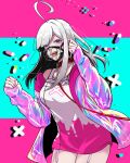  1girl absurdres ahoge grey_hair highres long_hair looking_at_viewer mole mole_under_eye multicolored multicolored_background muzzle nijisanji open_mouth standing sukoya_kana tchai_covsky violet_eyes virtual_youtuber 