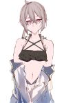  1girl absurdres ahoge bare_shoulders bikini black_bikini closed_mouth cowboy_shot dot_mouth e_sky_rugo frilled_bikini frills girls_frontline grey_hair head_tilt highres jacket jacket_partially_removed looking_at_viewer m200_(girls_frontline) multi-strapped_bikini navel ponytail simple_background solo swimsuit white_background white_jacket 