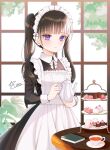  1girl amick_(americanomix) apron bangs black_hair blunt_bangs book closed_mouth cup holding holding_teapot juliet_sleeves light_blush long_hair long_sleeves maid maid_apron maid_headdress original puffy_sleeves solo sweat table teacup teapot twintails upper_body violet_eyes 