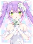  1girl absurdres blush collarbone dress earrings flower framed gloves highres holding holding_flower hololive jewelry long_hair looking_at_viewer multicolored_hair purple_hair shigureszku streaked_hair tokoyami_towa twintails upper_body virtual_youtuber white_dress white_flower white_gloves 