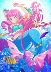 1girl air_bubble aqua_bra arm_up bangle blue_background blue_eyes blush bra bracelet bubble day fish full_body jewelry kawanobe laura_la_mer long_hair mermaid midriff monster_girl navel ocean outdoors pink_hair precure tropical-rouge!_precure tropical_fish underwater underwear