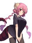  1girl bangs black_legwear blunt_bangs blush breasts closed_mouth dragon_girl dragon_horns dragon_tail eyebrows_visible_through_hair highres horns huge_breasts ilulu_(maidragon) kobayashi-san_chi_no_maidragon long_hair looking_down low_twintails pink_hair pointy_ears red_eyes simple_background solo soya_(torga) tail thigh-highs twintails white_background 