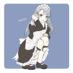  1girl alternate_costume apron asymmetrical_bangs bangs black_dress black_footwear border commentary_request dress enmaided frilled_apron frilled_dress frills highres kantai_collection long_hair maid maid_apron mary_janes mochizou purple_background sagiri_(kancolle) shoes silver_hair solo squatting swept_bangs twitter_username violet_eyes white_apron white_border 