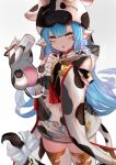  1girl absurdres animal_ears animal_print blue_hair bottle bow cow_ears cow_print drink earrings granblue_fantasy haku_u_0818 highres holding holding_drink jewelry long_hair looking_at_viewer milk milk_bottle navel open_mouth shatola_(granblue_fantasy) standing tail tail_bow tail_ornament yellow_eyes 