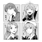  4girls arm_up bangs beret blush chain character_name closed_mouth gloves greyscale hair_ornament hairclip harusame_(kancolle) hat head_rest hiro_(chumo) kantai_collection long_hair long_sleeves low_twintails monochrome multiple_girls ooi_(kancolle) open_mouth ponytail sado_(kancolle) sailor_collar samidare_(kancolle) school_uniform serafuku side_ponytail sleeveless smile translation_request twintails undershirt upper_body 