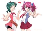  2girls blush bracelet breasts dododotdotcom exposed_shoulders green_hair hairbun hiiragi_yuzu mizuki_kotori_(yuu-gi-ou_zexal) multicolored_hair pink_hair short_twintails small_breasts two-tone_hair yuu-gi-ou yuu-gi-ou_arc-v yuu-gi-ou_zexal 