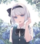  1girl :d bangs black_bow black_hairband black_ribbon blue_eyes blue_flower blush bob_cut bow bowtie collared_shirt eyebrows_visible_through_hair flower green_vest hair_ribbon hairband hand_up hydrangea konpaku_youmu looking_at_viewer open_mouth portrait ribbon rokuwata_tomoe shirt short_hair short_sleeves silver_hair simple_background smile solo touhou vest white_background white_shirt 