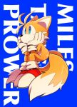  1boy animal_nose blue_background blue_eyes character_name dot_mouth fox_boy furry gloves invisible_chair male_focus misuta710 multiple_tails sitting snout solo sonic_(series) tail tails_(sonic) two_tails white_gloves 