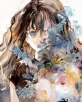  1girl bangs black_shirt blue_eyes blue_flower blue_leaf brown_hair flower highres leaf long_hair looking_at_viewer niwa_haruki one_eye_covered original pink_flower shirt simple_background sleeveless solo standing upper_body watercolor_effect white_background 