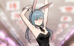  1girl animal_ear_fluff animal_ears armpits bare_shoulders black_hairband black_neckwear blurry blurry_background blush closed_eyes closed_mouth commentary depth_of_field english_commentary gogalking hairband hands_up highres leotard necktie original playboy_bunny portia_(gogalking) rabbit_ears short_necktie solo strapless strapless_leotard stretch twintails wrist_cuffs 