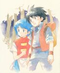  1boy 1girl agahari backpack bag black_hair blue_eyes blue_hair cal_(ripple_island) character_request commentary_request forest highres looking_away looking_to_the_side nature ripple_island short_hair short_sleeves traditional_media tree 