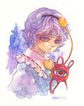  1girl blue_shirt buttons eyeball frilled_shirt_collar frills hair_ornament hairband heart heart_button heart_hair_ornament komeiji_satori looking_at_viewer painting_(medium) pink_eyes pink_hair shiroma_(mamiko) shirt solo third_eye touhou traditional_media watercolor_(medium) 