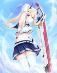  1girl arm_up armpits ascot ayanami_(azur_lane) azur_lane bangs belt blue_skirt blue_sky clouds cloudy_sky collarbone commentary_request detached_sleeves eyebrows_visible_through_hair greatsword hair_between_eyes hair_ornament hairclip headgear highres holding holding_sword holding_weapon long_hair looking_at_viewer midriff navel orange_eyes parted_lips pleated_skirt ponytail retrofit_(azur_lane) ribbon-trimmed_sleeves ribbon_trim school_uniform serafuku sidelocks silver_hair skirt sky solo sword thigh-highs twisted_torso umiya_mizuki v-shaped_eyebrows weapon white_legwear wide_sleeves zettai_ryouiki 