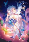  1girl :d blue_butterfly blush breasts bug butterfly dress emori_miku flower hair_flower hair_ornament insect kawanobe leaning_back long_hair looking_at_viewer medium_breasts open_mouth outdoors red_ribbon ribbon see-through silver_hair smile standing violet_eyes vocaloid white_dress 