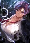  1girl bazett_fraga_mcremitz black_gloves black_suit breasts collared_shirt earrings fate/hollow_ataraxia fate_(series) formal gloves jewelry jikihatiman large_breasts long_sleeves necktie pant_suit purple_hair red_neckwear shirt short_hair solo suit upper_body violet_eyes white_shirt 