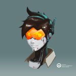  1girl absurdres android cyberpunk cyborg face glowing glowing_eyes head highres joints mecha mecha_musume mechanical_parts mechanization metal_skin orange_eyes overwatch robot robot_ears robot_joints science_fiction screen shiny solo tracer_(overwatch) visor 