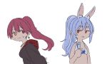  2girls animal_ears breasts eyebrows_visible_through_hair heterochromia highres hololive hololive_english homura910210 long_hair multiple_girls rabbit_ears red_eyes simple_background virtual_youtuber white_background yellow_eyes 