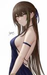  1girl bangs blue_dress breasts brown_eyes brown_hair dress eyebrows_visible_through_hair from_side girls_frontline green_hair hair_between_eyes hair_ribbon highres looking_at_viewer m4a1_(girls_frontline) medium_breasts multicolored_hair ribbon selcky sideboob simple_background solo streaked_hair upper_body white_background 