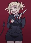 1girl 4shi bags_under_eyes bangs black_jacket black_neckwear black_skirt black_tail blazer blunt_bangs boku_no_hero_academia commentary cowboy_shot demon_girl demon_tail double_bun eyelashes fangs hair_up hand_on_own_chest head_tilt helltaker highres holding holding_knife holding_weapon horns jacket knife looking_at_viewer messy_hair narrowed_eyes naughty_face necktie open_mouth parody pencil_skirt raised_eyebrows red_background red_sweater sidelocks simple_background skirt sleeves_past_wrists slit_pupils smile solo style_parody sweater tail teeth toga_himiko v-neck weapon yellow_eyes 