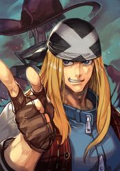  1boy 1girl axl_low bandana blonde_hair blue_eyes blue_jacket brown_gloves fingerless_gloves gloves grin guilty_gear guilty_gear_strive hankuri hat i-no jacket long_hair looking_at_viewer male_focus pointing pointing_at_viewer red_headwear red_vest smile upper_body vest 