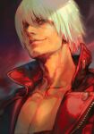  1boy closed_mouth dante_(devil_may_cry) devil_may_cry_(series) devil_may_cry_3 green_eyes hair_between_eyes hankuri jacket looking_at_viewer male_focus no_shirt red_jacket smile smug solo upper_body white_hair 
