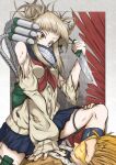  1boy 1girl absurdres backpack bag bangs black_shirt blonde_hair blood blunt_bangs boku_no_hero_academia cardigan clenched_teeth crying crying_with_eyes_open double_bun el_genso feathered_wings fighting fur-trimmed_jacket fur_trim girl_on_top goggles gradient gradient_background grey_background hawks_(boku_no_hero_academia) highres holding holding_knife holding_weapon huge_filesize injury jacket knife messy_hair nail_polish neckwear pleated_skirt red_neckwear red_wings school_uniform scratches serafuku shine shirt short_hair skirt tears teeth thigh_strap tinted_eyewear toga_himiko torn_clothes weapon wings yellow-tinted_eyewear yellow_eyes 