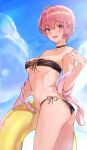  1girl ahoge alracoco bikini blue_eyes blue_sky choker ear_piercing heart heart_choker highres innertube midriff original piercing pink_hair short_hair side-tie_bikini sky swimsuit towel 