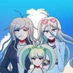  3girls :i absurdres alternate_costume antenna_hair bangs bare_arms bare_shoulders bikini black_jacket blonde_hair blue_sky cat_hair_ornament choker cigarette clouds collarbone commentary_request dangan_ronpa_(series) dangan_ronpa_2:_goodbye_despair dangan_ronpa_another_episode:_ultra_despair_girls dangan_ronpa_v3:_killing_harmony day eyewear_on_head goggles goggles_on_head grey_hair hagakure_hiroko hair_between_eyes hair_ornament heart heart-shaped_eyewear height_difference highres jacket jewelry long_hair looking_at_viewer multiple_girls necklace open_clothes open_jacket open_mouth outdoors shiny shiny_hair sky sunglasses swimsuit tansug_(tansuk88) twintails 