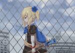  1girl absurdres ascot bangs black_shirt black_skirt blonde_hair blue_flower blue_neckwear blue_sky blurry blurry_background blush building chain-link_fence clouds cloudy_sky crane_(machine) day depth_of_field elbow_gloves electric_guitar eyebrows_visible_through_hair fence fingerless_gloves flower girls_frontline gloves guitar hair_flower hair_ornament highres holding holding_instrument instrument matsuo_(matuonoie) nagant_revolver_(girls_frontline) one_side_up outdoors parted_lips profile puffy_short_sleeves puffy_sleeves rain red_eyes shirt short_sleeves skirt sky solo white_gloves 