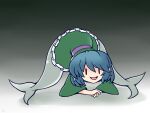  1girl 216 :d bangs blue_hair commentary_request gradient gradient_background green_kimono grey_background hair_between_eyes head_fins jack-o&#039;_challenge japanese_clothes kimono long_sleeves mermaid monster_girl multiple_tails open_mouth short_hair simple_background smile solo tail top-down_bottom-up touhou two_tails wakasagihime wide_sleeves |_| 