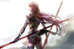  1girl ass blood fate/grand_order fate_(series) gae_bolg_(fate) highres injury kim_yura_(goddess_mechanic) long_hair red_eyes scathach_(fate) scathach_(fate)_(all) simple_background torn_clothes very_long_hair violet_eyes 