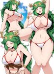  age_difference breasts green_eyes green_hair highres kid_icarus large_breasts laurel_crown legs long_legs palutena pit_(kid_icarus) shimure_(460) swimsuit thighs tiara 