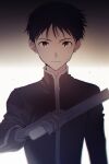  11kkr 1boy black_clothes brown_hair closed_mouth gun highres holding holding_gun holding_weapon ikari_shinji looking_at_viewer male_focus neon_genesis_evangelion red_eyes short_hair simple_background smile solo standing upper_body weapon 