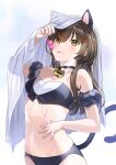  &quot;rouhou&quot;_ore_no_iinazuke_ni_natta_jimiko_ie_dewa_kawaii_shikanai. 1girl animal_ears arm_strap arm_up bare_shoulders bell black_bra black_choker black_panties blanket bra breasts brown_hair cat_ears cat_girl cat_tail choker cowboy_shot hair_ornament holding jingle_bell long_hair looking_at_viewer medium_breasts navel orange_eyes panties solo stomach tail tan_(tangent) tongue tongue_out underwear underwear_only watanae_yuuka 