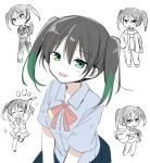  1girl bangs black_hair blush closed_eyes eyebrows_visible_through_hair formal green_eyes green_hair jacket long_hair long_sleeves love_live! love_live!_nijigasaki_high_school_idol_club love_live!_school_idol_festival_all_stars multiple_views nagasioo open_mouth pants shirt short_sleeves simple_background sketch skirt smile suit takasaki_yuu twintails white_background white_shirt 